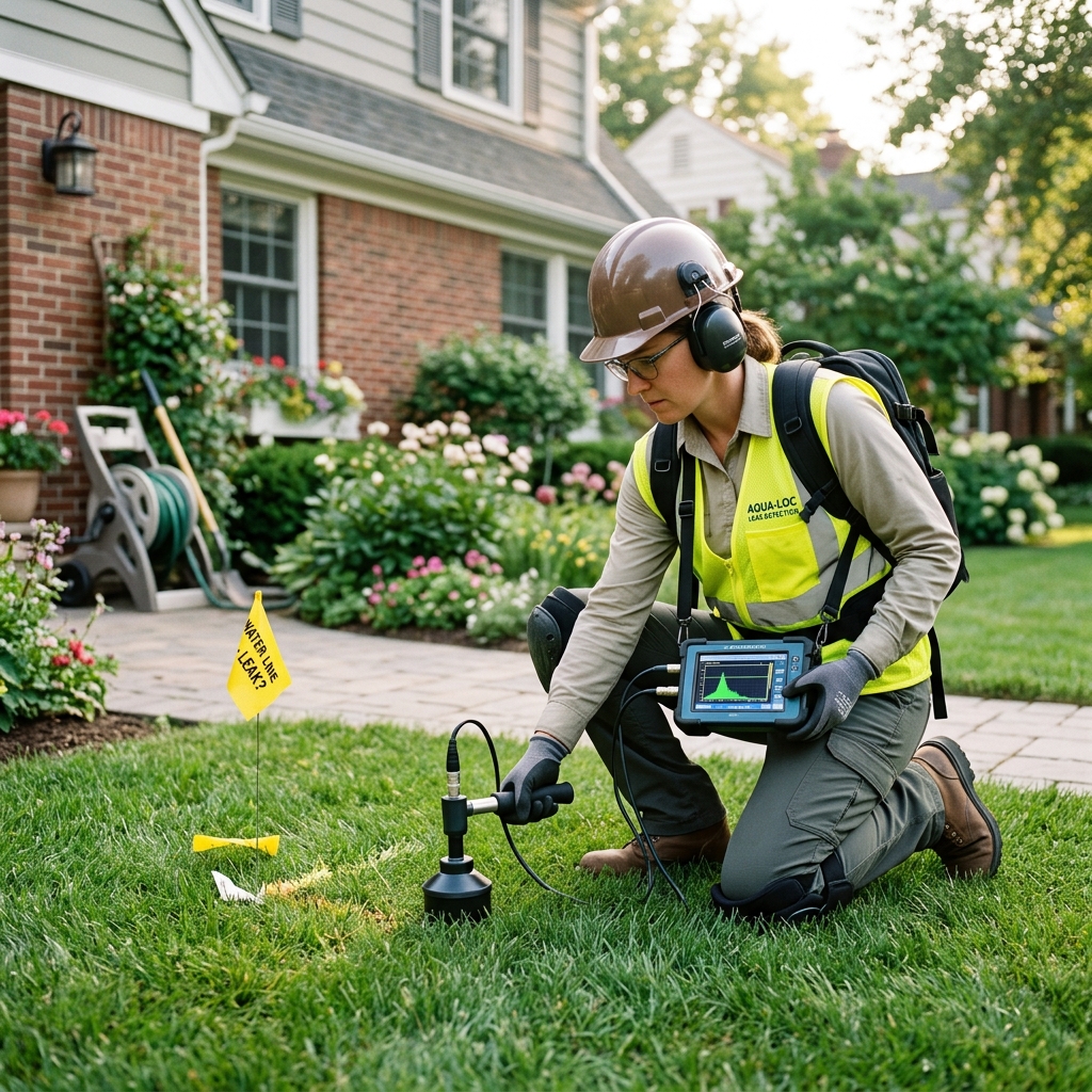 Plumbing technician using electronic pipe locator and moisture meter on a residential wall