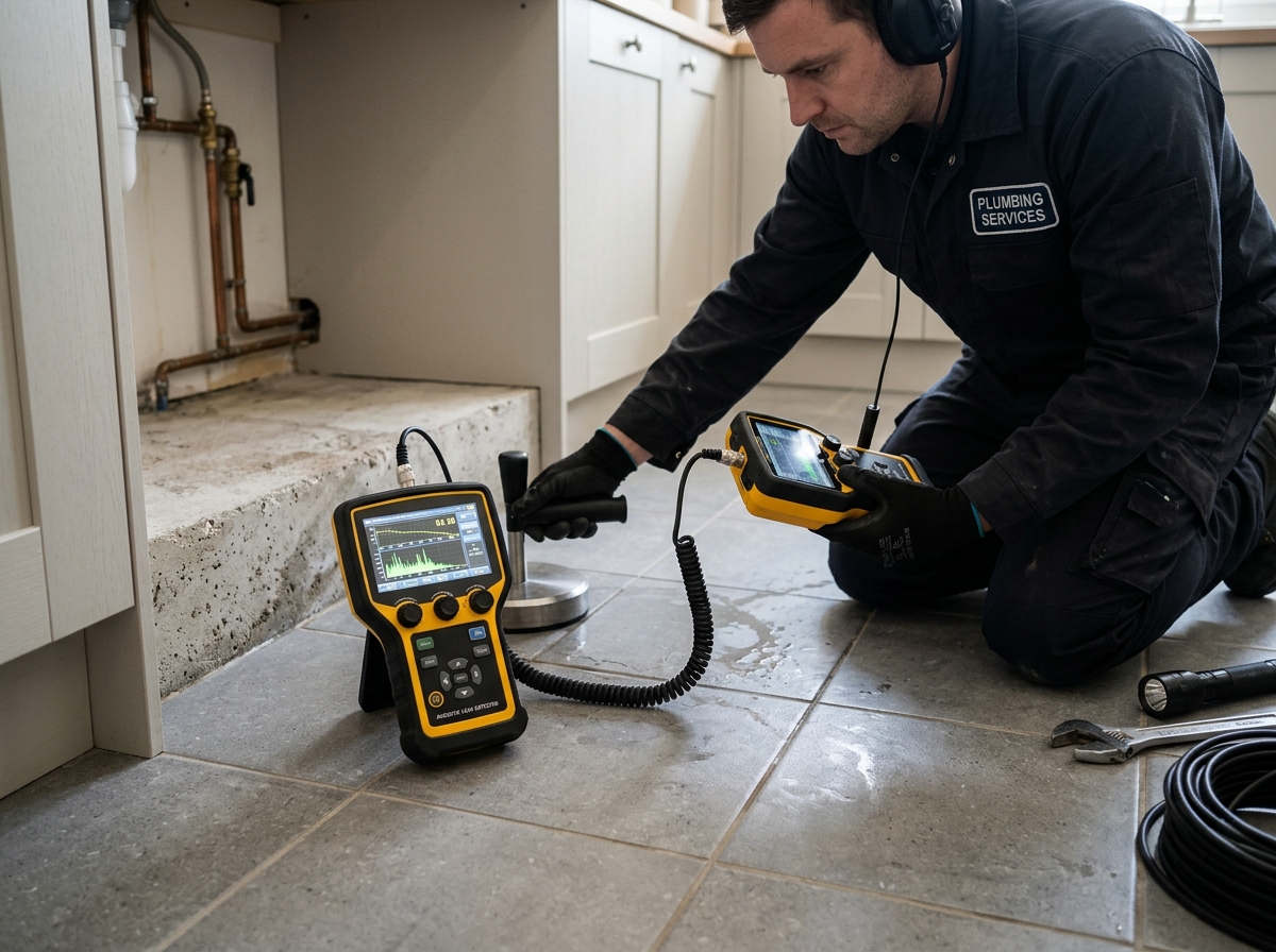Technical plumbing diagnostic report, inspection clipboard, and testing equipment