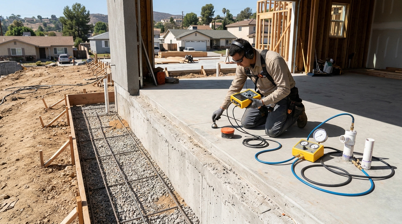 Plumber diagnosing slab leak under concrete foundation in a Texas residence